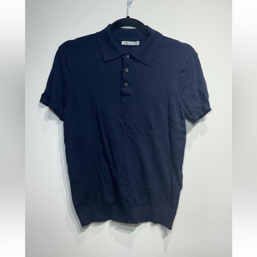 Zara Knit Polo Shirt Size Small Navy Blue Stretch Top Collar Business Casual